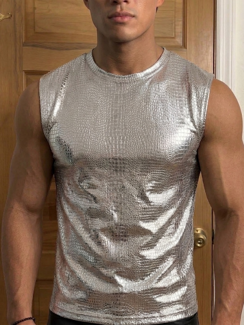 Men’s Metallic Silver Sleeveless Crew Neck Top - Size L